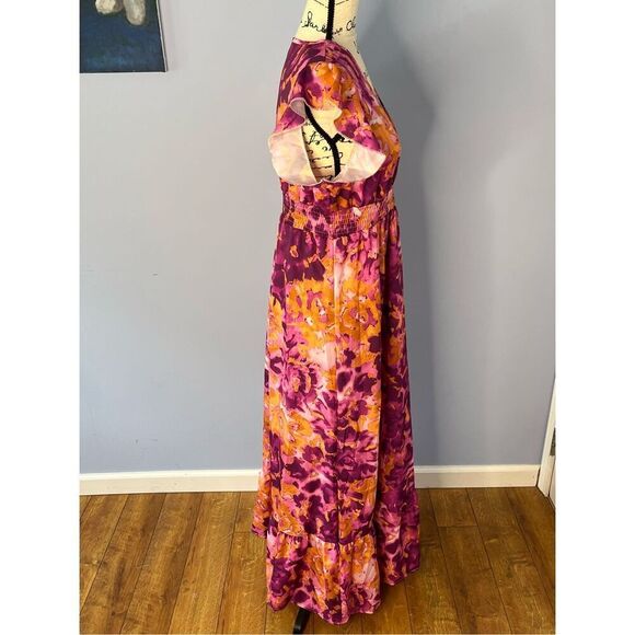 SHEIN Women’s L Classic Surplice V-Neck Maxi Dress in Dopamine Orange/Purple Flo - Picture 4 of 8